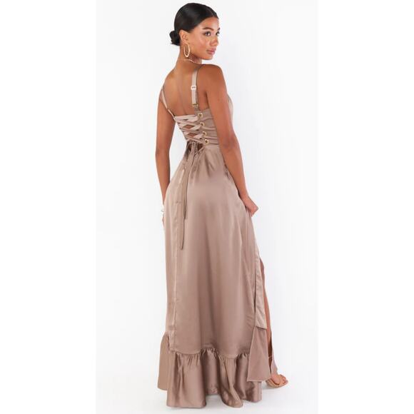 Show Me Your Mumu Dresses & Skirts - NWT SMY MuMu Size Medium Clarissa Corset Dress Dune Luxe Satin Brown Wedding